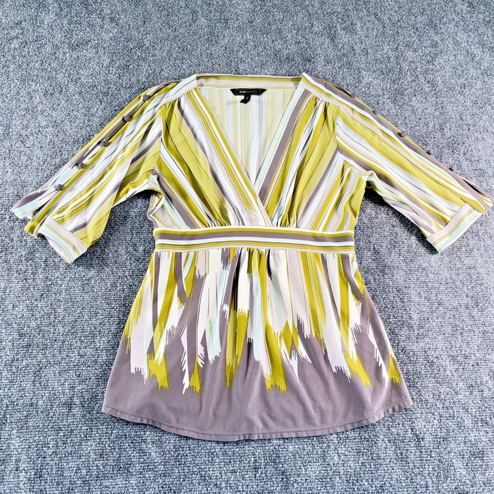 BCBG Maxazria Brushstroke Striped Faux-Wrap Top Green Blue Gray White Size S